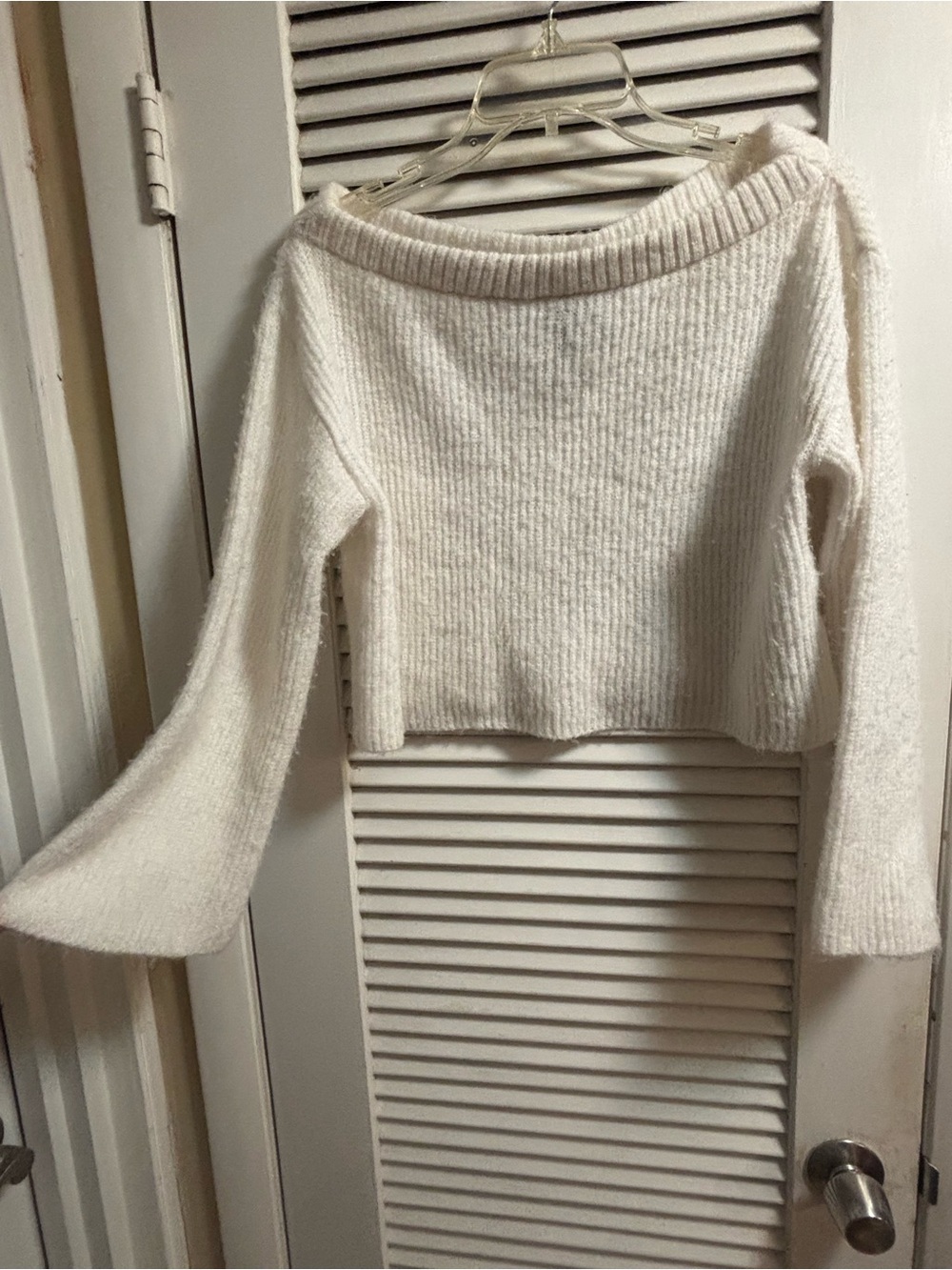 H&M Cream Off-the-Shoulder Fuzzy Cropped Knit Sweater